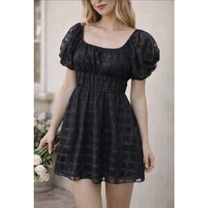 Le Lis Collection Black Babydoll Dress M Puff Sleeve Square Neck Sheer Overlay